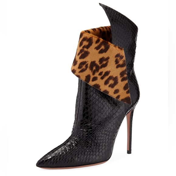 Aquazzura Shoes - Aquazzura Black Snakeskin Pointed Toe Bootie with Leopard Print Cuff
